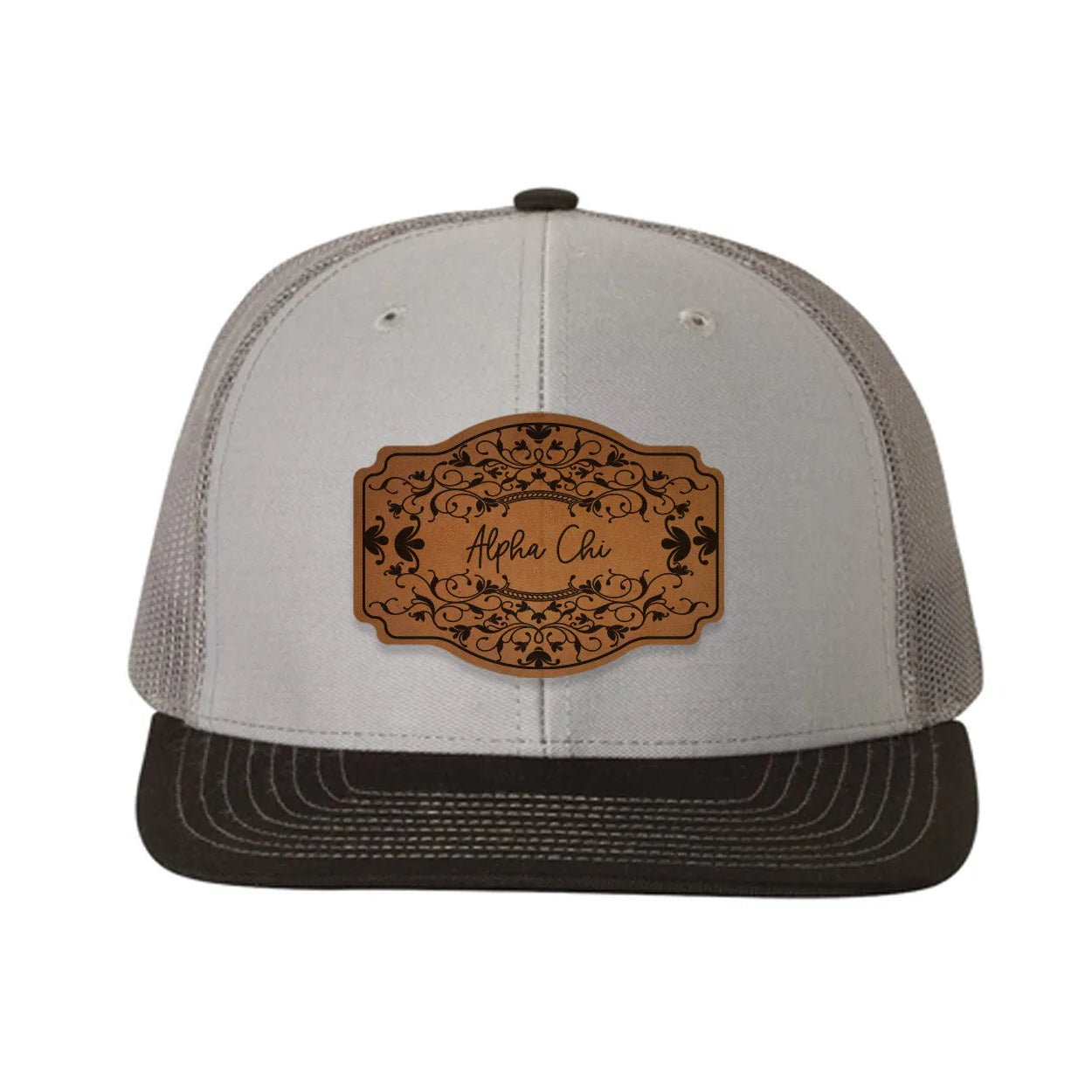 Alpha Chi Omega Richardson 112 Leatherette Patch Trucker Hat - Scroll Gray Charcoal Black Trucker Hat