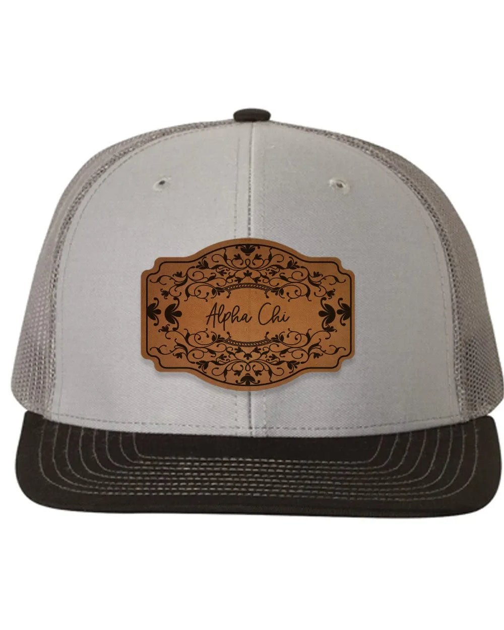 Alpha Chi Omega Richardson 112 Leatherette Patch Trucker Hat - Scroll Gray Charcoal Black Trucker Hat
