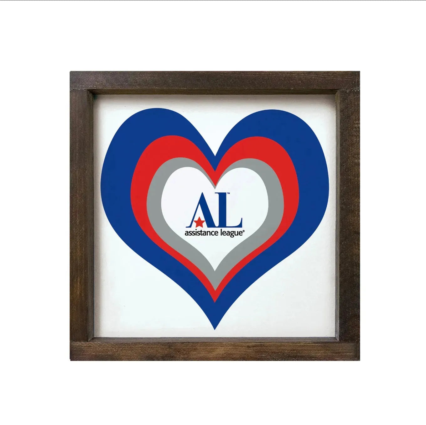 Assistance League 12x12 Wood Framed Sign - Heart Walnut Stain Wall Art & Signs