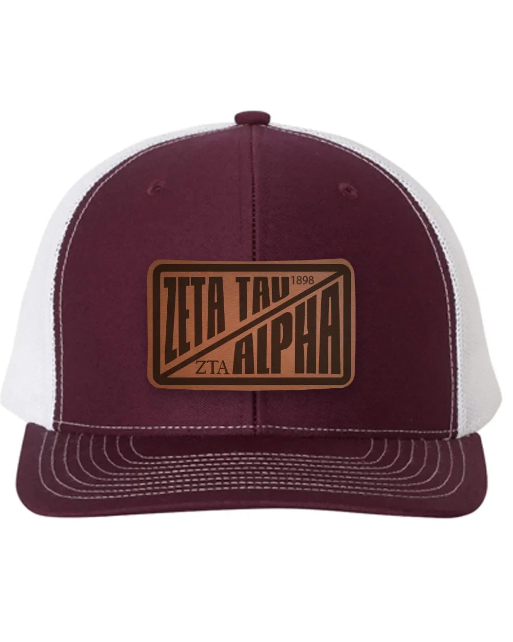 Zeta Tau Alpha Richardson 112 Leatherette Patch Trucker Hat - Divide Maroon White Trucker Hat