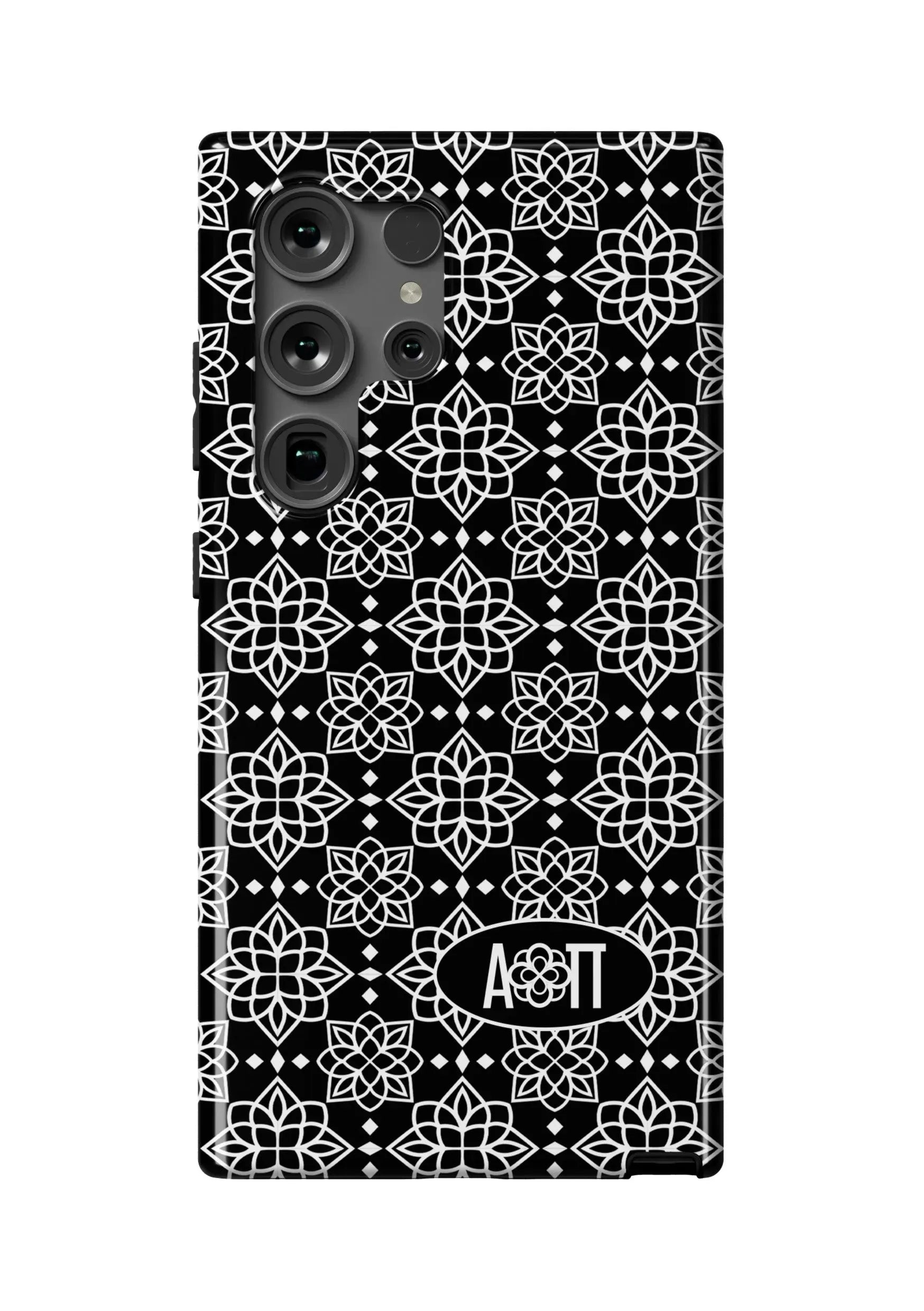Alpha Omicron Pi Samsung Galaxy 24, 23 Mobile Phone Case - Black Ornate Gloss Mobile Phone Cases