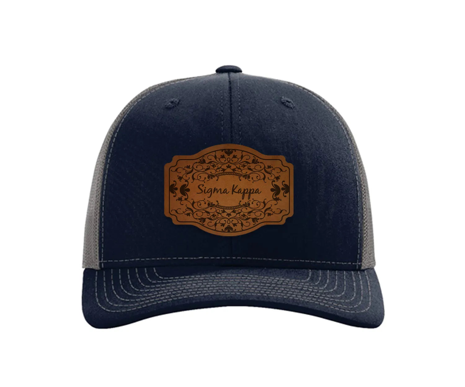 Sigma Kappa Richardson 112 Leatherette Patch Trucker Hat - Scroll Navy Charcoal Trucker Hat