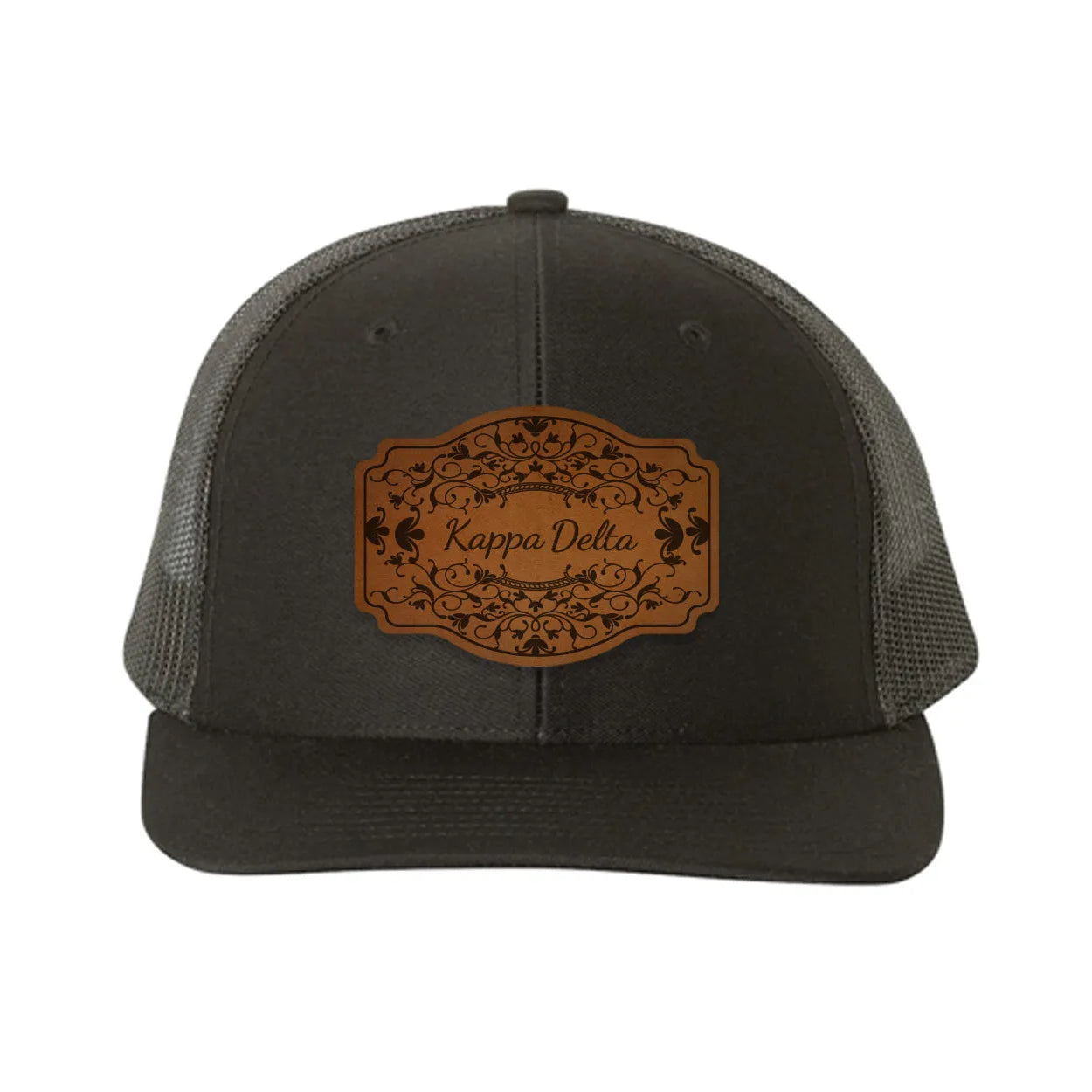 Kappa Delta Richardson 112 Leatherette Patch Trucker Hat - Scroll Black Black Trucker Hat