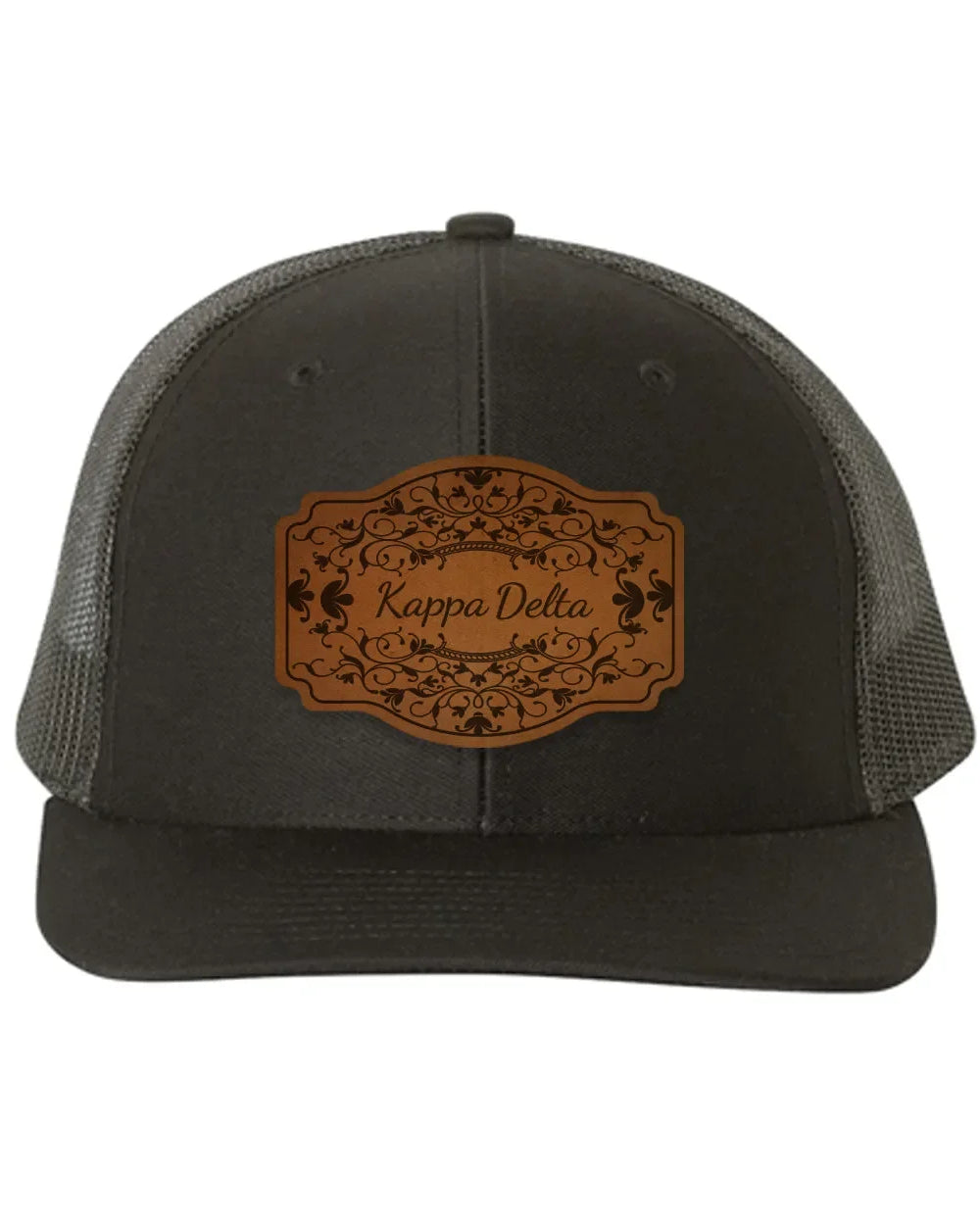 Kappa Delta Richardson 112 Leatherette Patch Trucker Hat - Scroll Black Black Trucker Hat