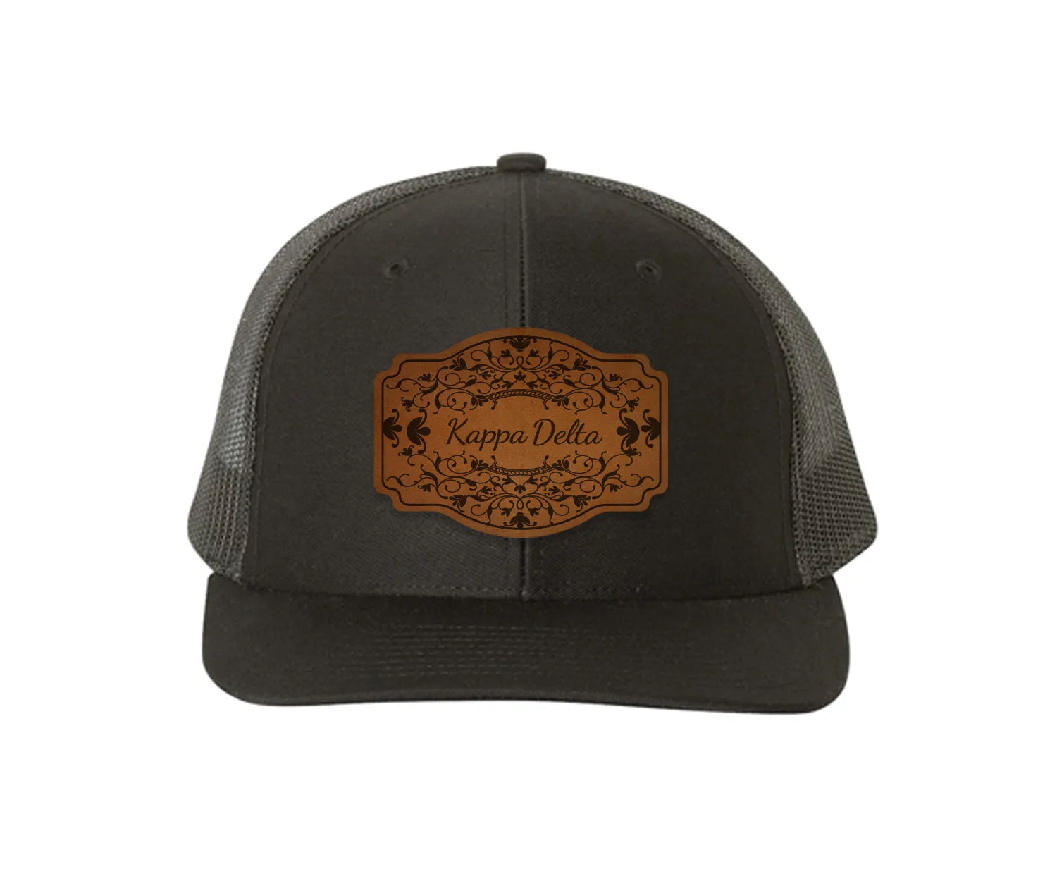Kappa Delta Richardson 112 Leatherette Patch Trucker Hat - Scroll Black Black Trucker Hat