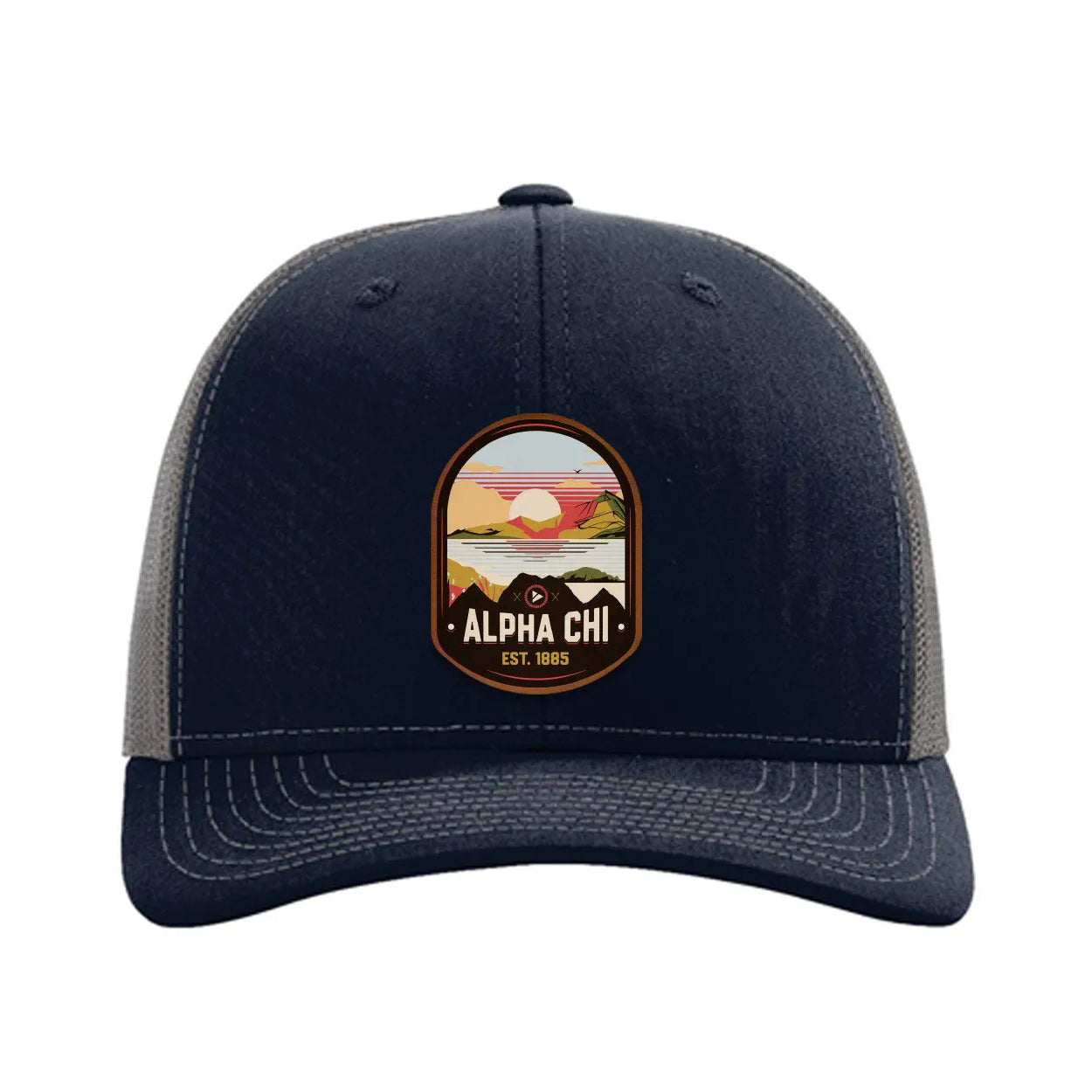 Alpha Chi Omega Richardson 112 UV Print Leatherette Patch Trucker Hat - Ventura Navy Charcoal Trucker Hat