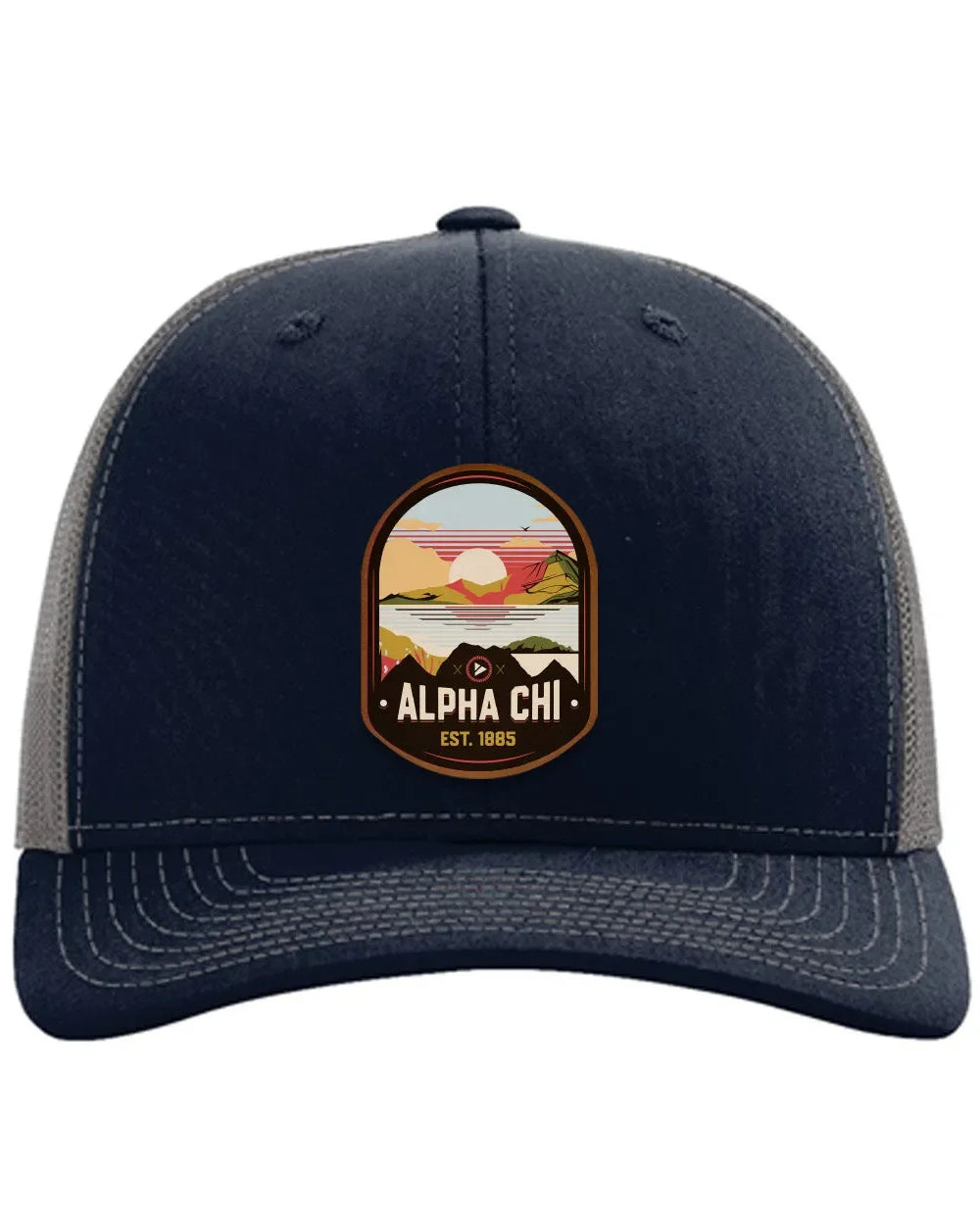 Alpha Chi Omega Richardson 112 UV Print Leatherette Patch Trucker Hat - Ventura Navy Charcoal Trucker Hat
