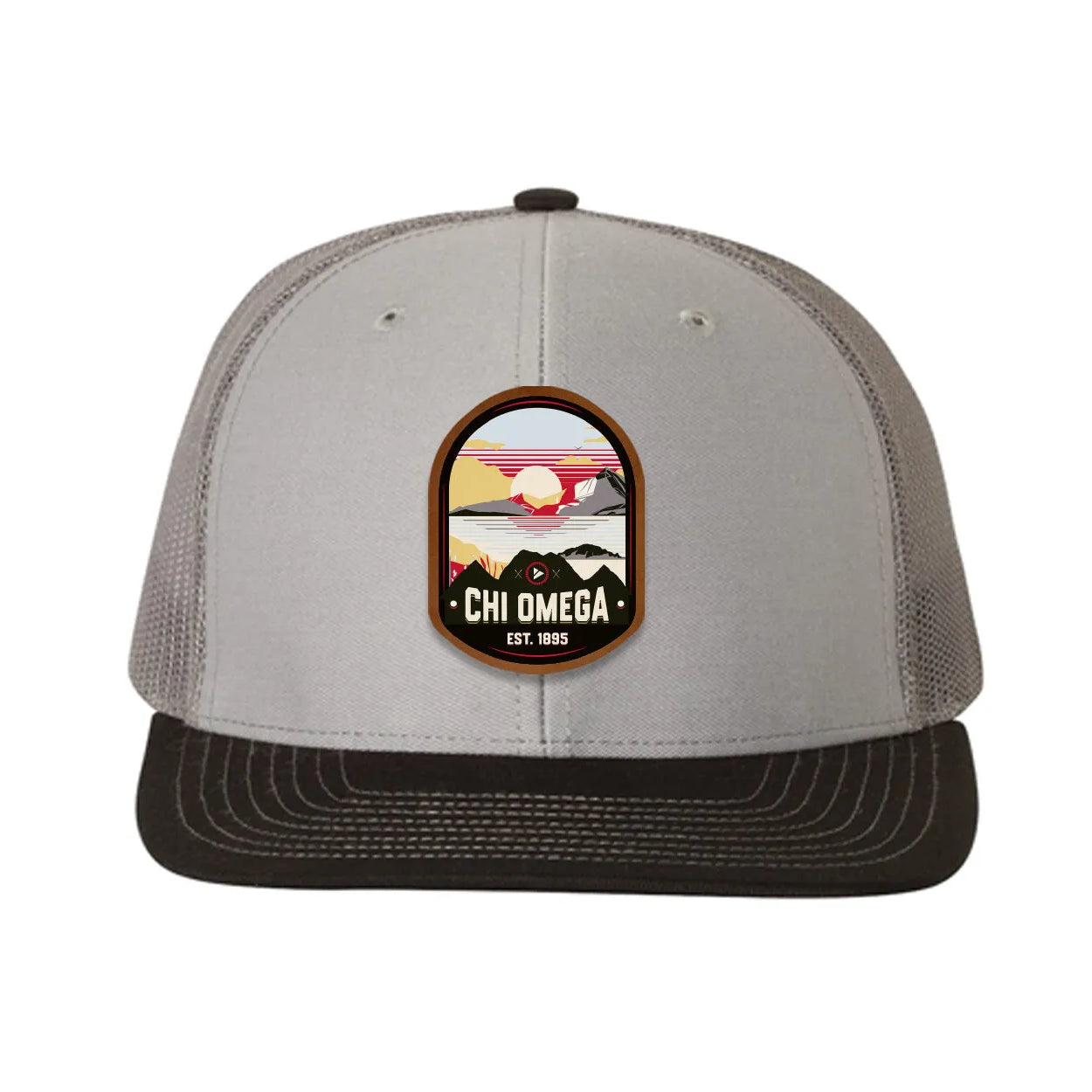 Chi Omega Richardson 112 UV Print Leatherette Patch Trucker Hat - Ventura Gray Charcoal Black Trucker Hat