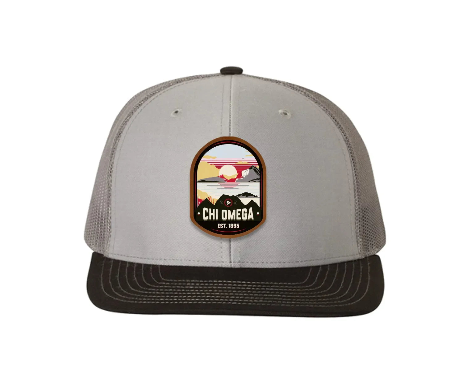 Chi Omega Richardson 112 UV Print Leatherette Patch Trucker Hat - Ventura Gray Charcoal Black Trucker Hat