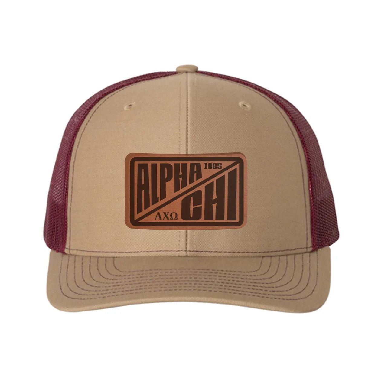 Alpha Chi Omega Richardson 112 Leatherette Patch Trucker Hat - Divide Khaki Burgundy Trucker Hat