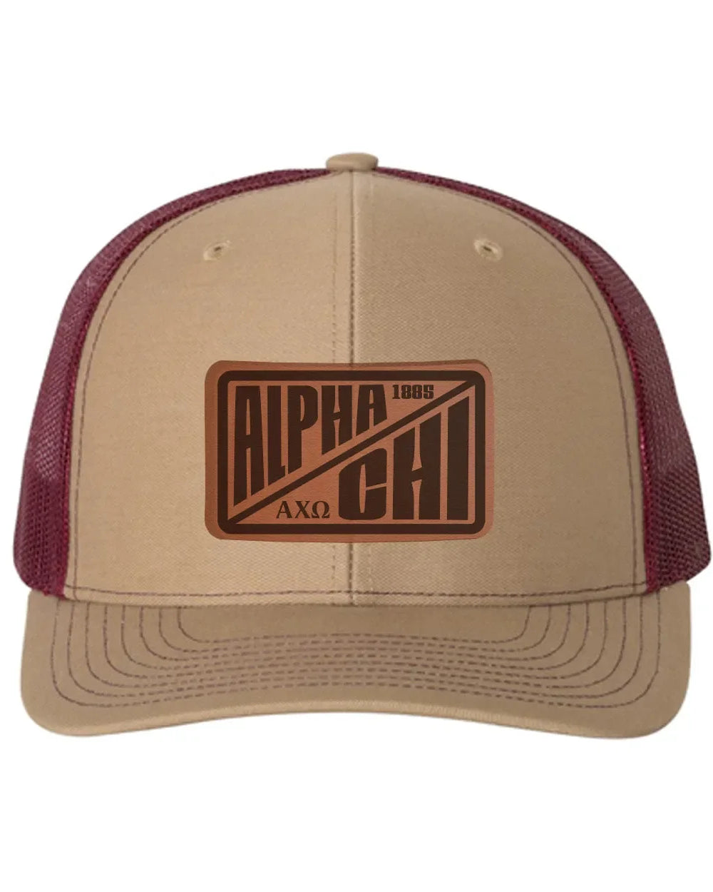 Alpha Chi Omega Richardson 112 Leatherette Patch Trucker Hat - Divide Khaki Burgundy Trucker Hat