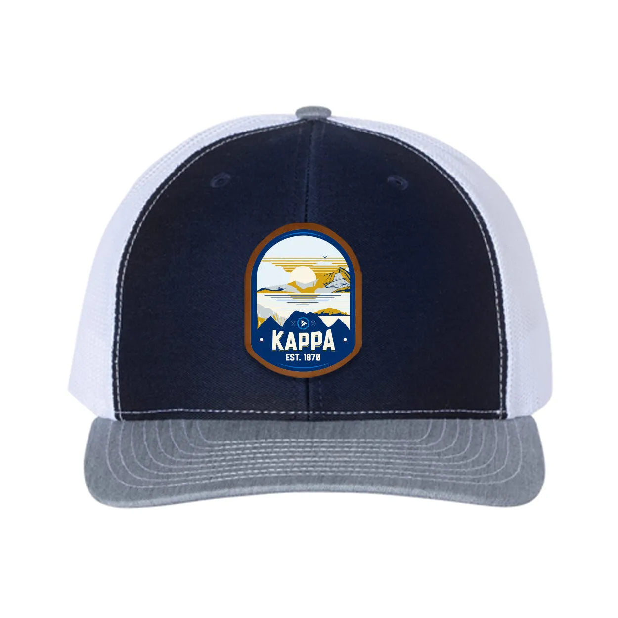 Kappa Kappa Gamma Richardson 112 UV Print Leatherette Patch Trucker Hat - Ventura Navy White Heather Gray Trucker Hat