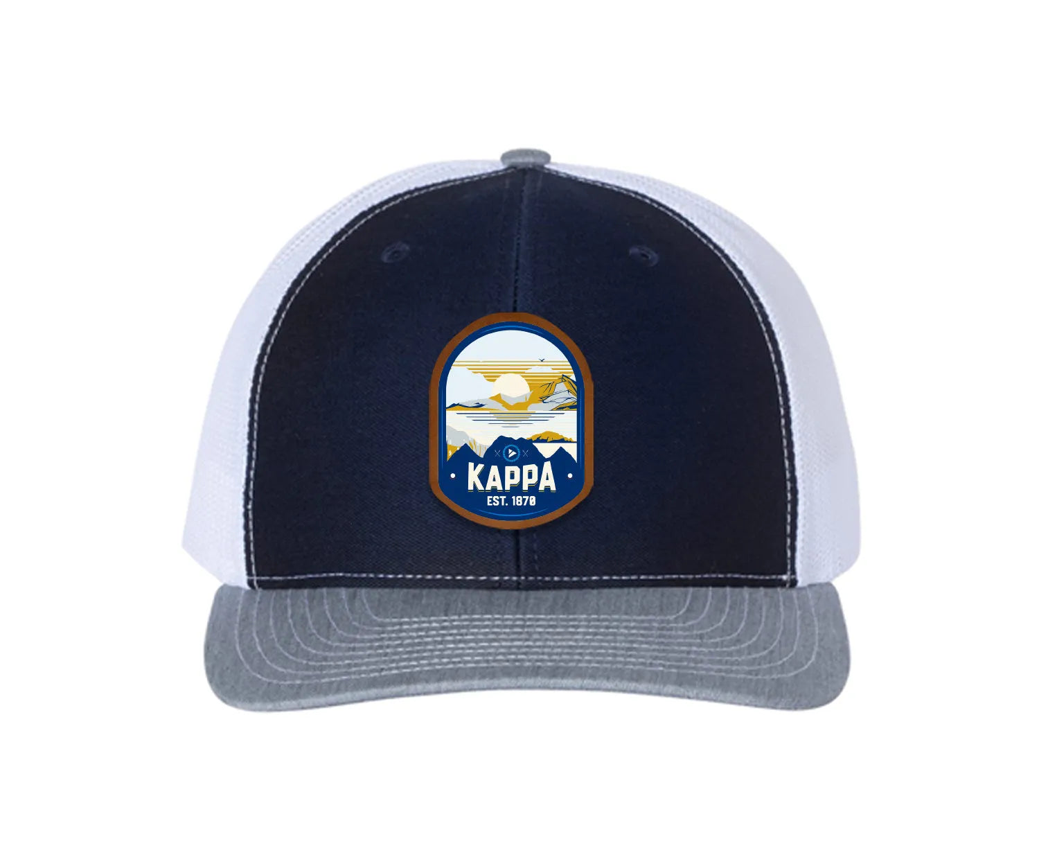 Kappa Kappa Gamma Richardson 112 UV Print Leatherette Patch Trucker Hat - Ventura Navy White Heather Gray Trucker Hat