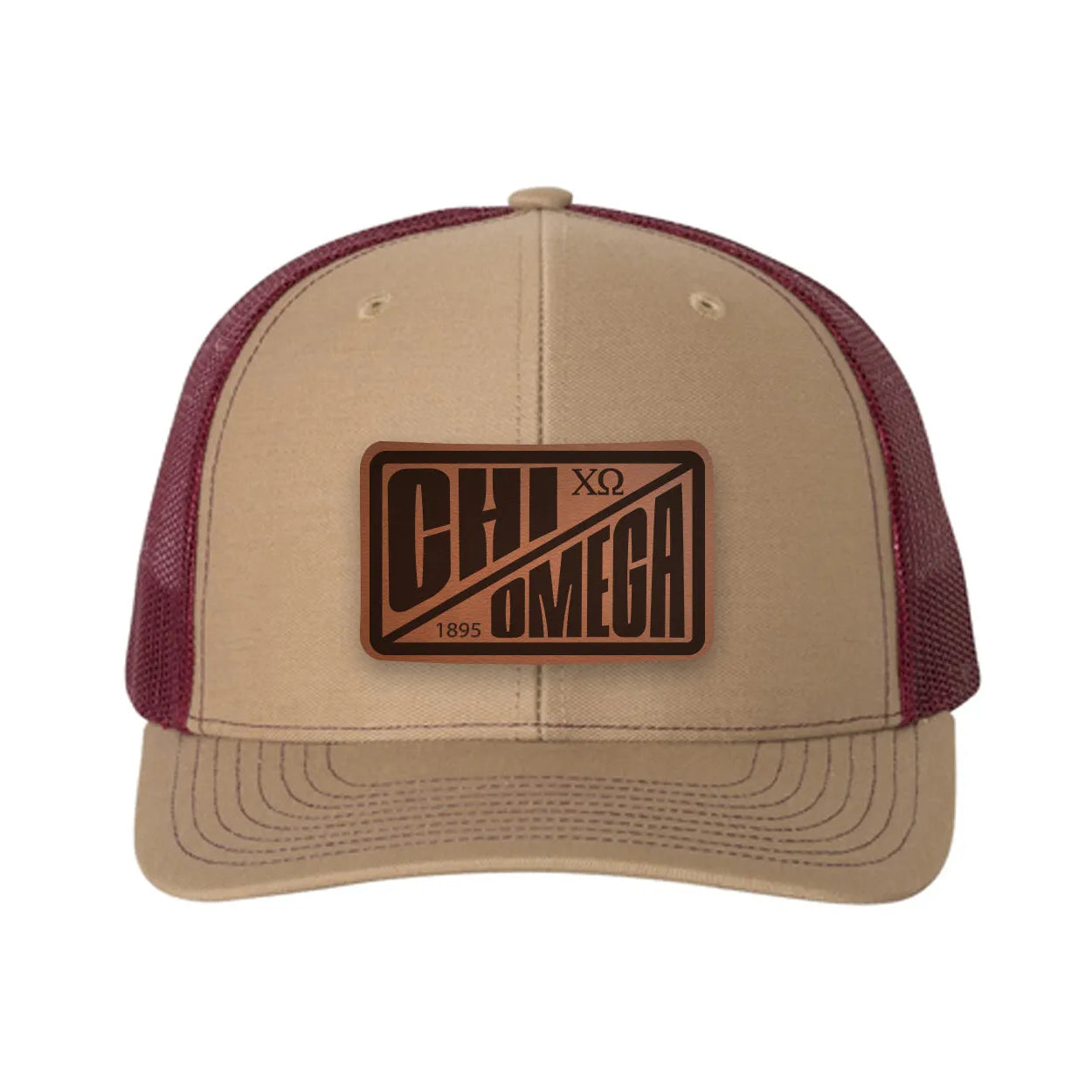 Chi Omega Richardson 112 Leatherette Patch Trucker Hat - Divide Khaki Burgundy Trucker Hat