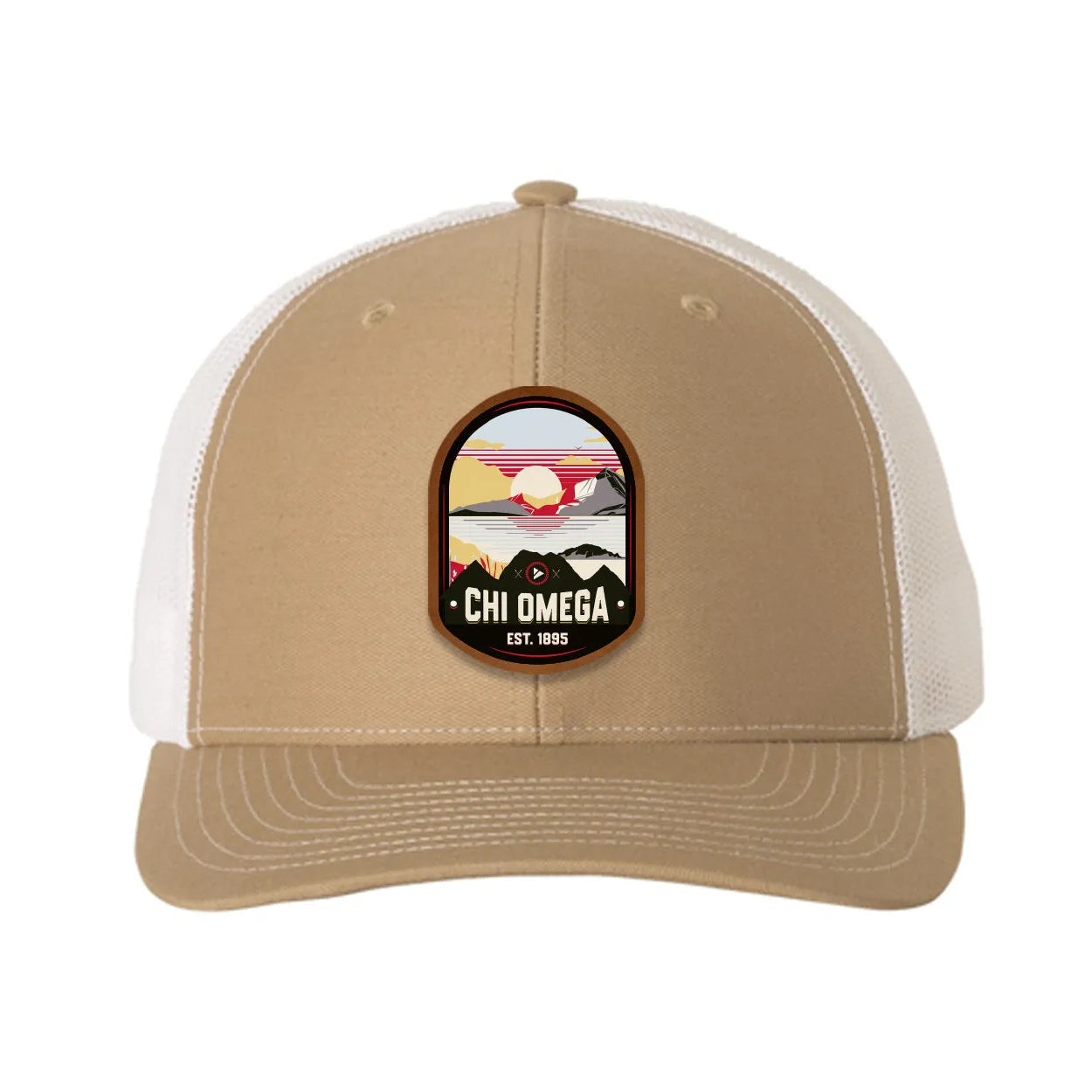 Chi Omega Richardson 112 UV Print Leatherette Patch Trucker Hat - Ventura Khaki White Trucker Hat