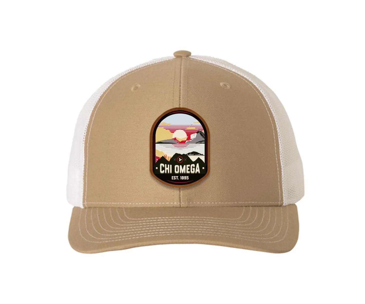 Chi Omega Richardson 112 UV Print Leatherette Patch Trucker Hat - Ventura Khaki White Trucker Hat