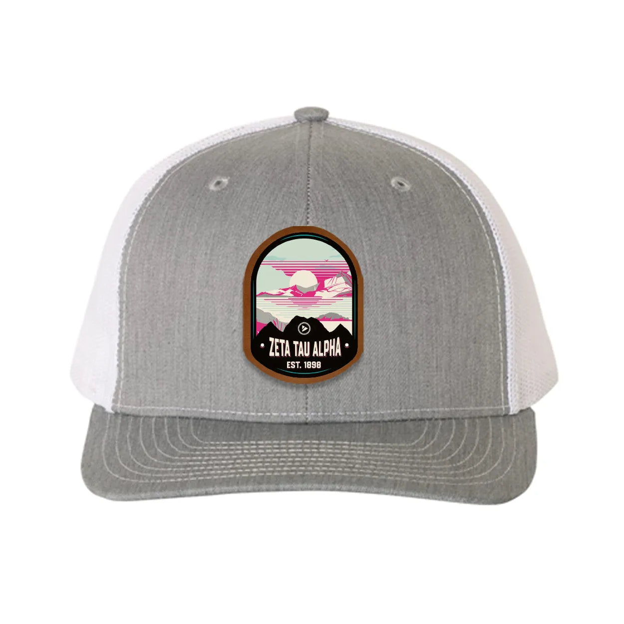 Zeta Tau Alpha Richardson 112 UV Print Leatherette Patch Trucker Hat - Ventura Heather Gray White Trucker Hat