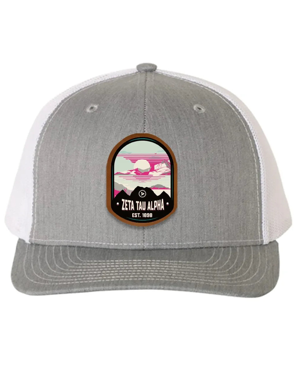 Zeta Tau Alpha Richardson 112 UV Print Leatherette Patch Trucker Hat - Ventura Heather Gray White Trucker Hat