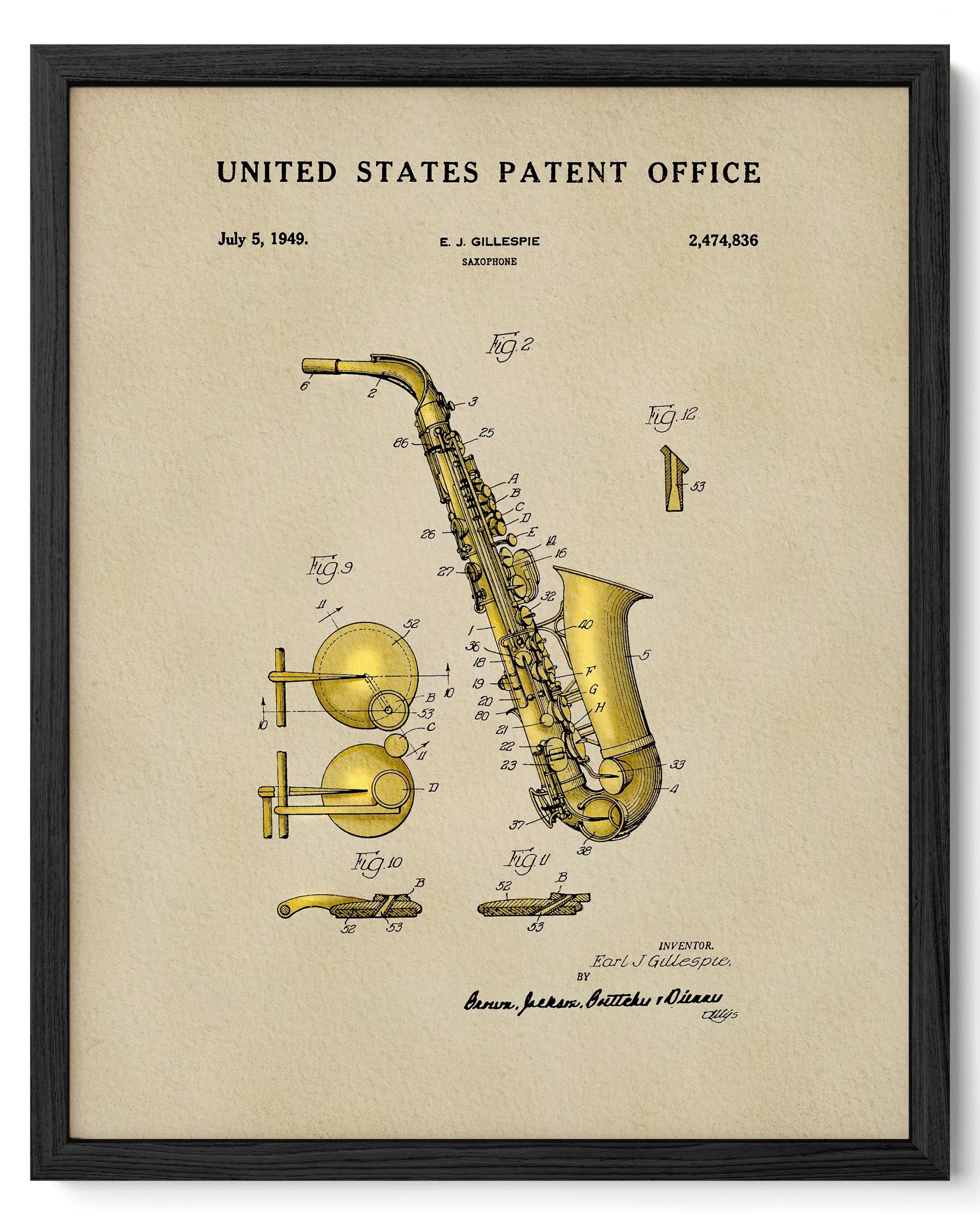 Saxophone US Patent Art Print | Music Themed Dorm Decor