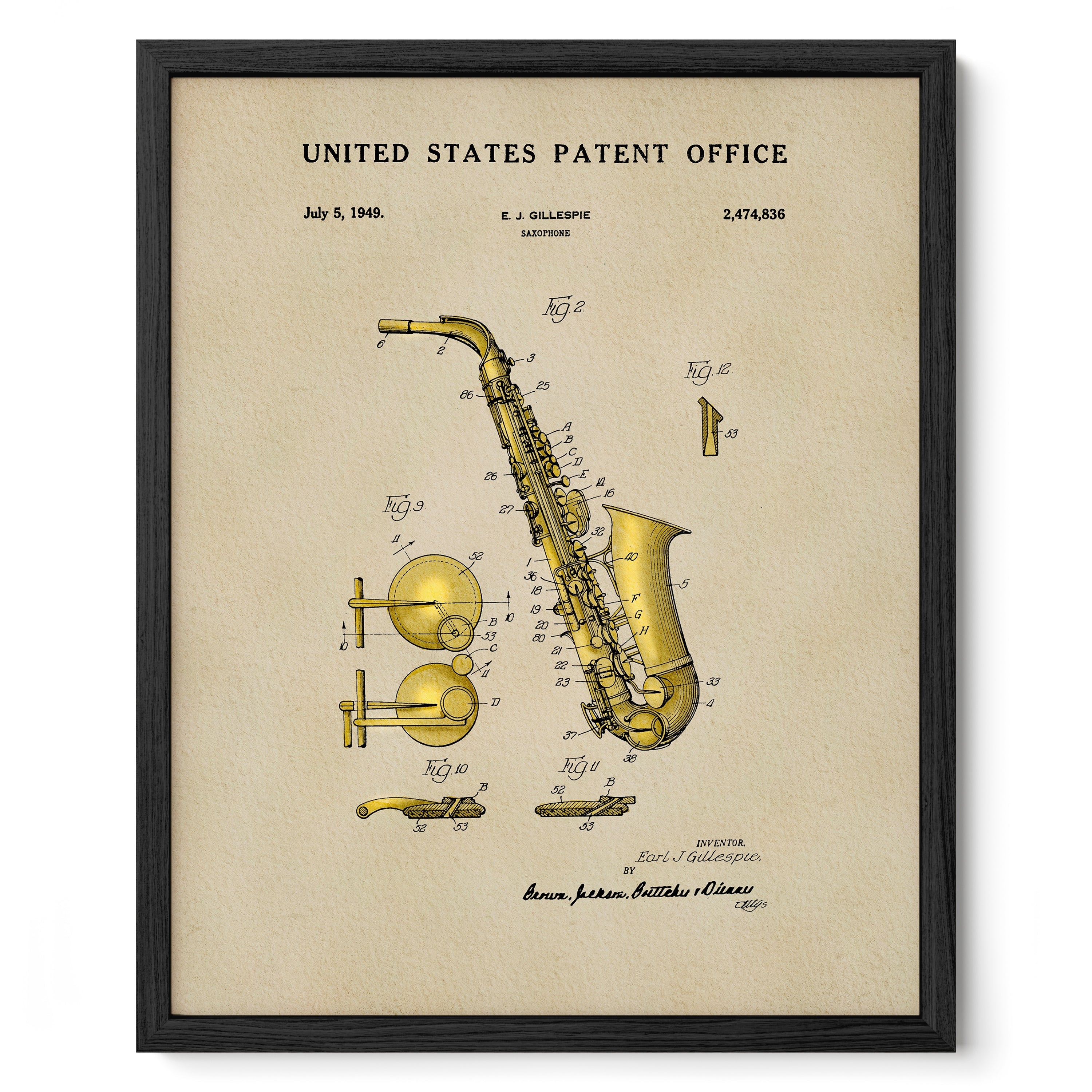 Saxophone US Patent Art Print | Music Themed Dorm Decor