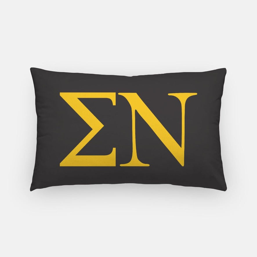 Sigma Nu Lumbar Pillow Cover - Greek Letters Black Gold Pillow Covers