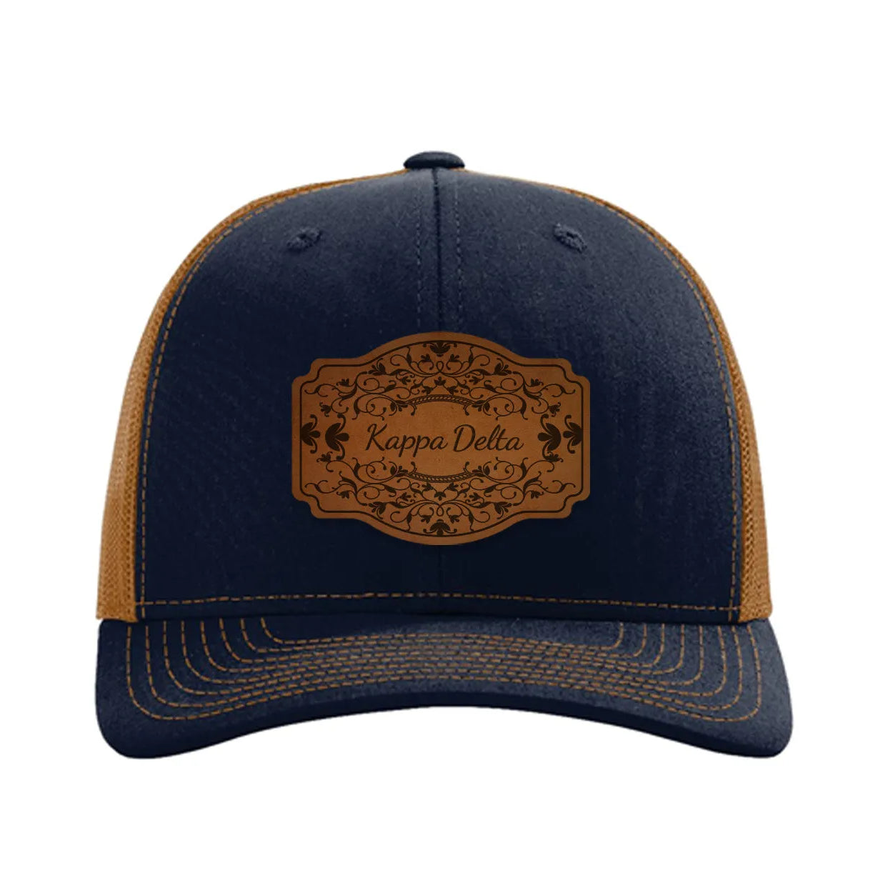 Kappa Delta Richardson 112 Leatherette Patch Trucker Hat - Scroll Navy Caramel Trucker Hat
