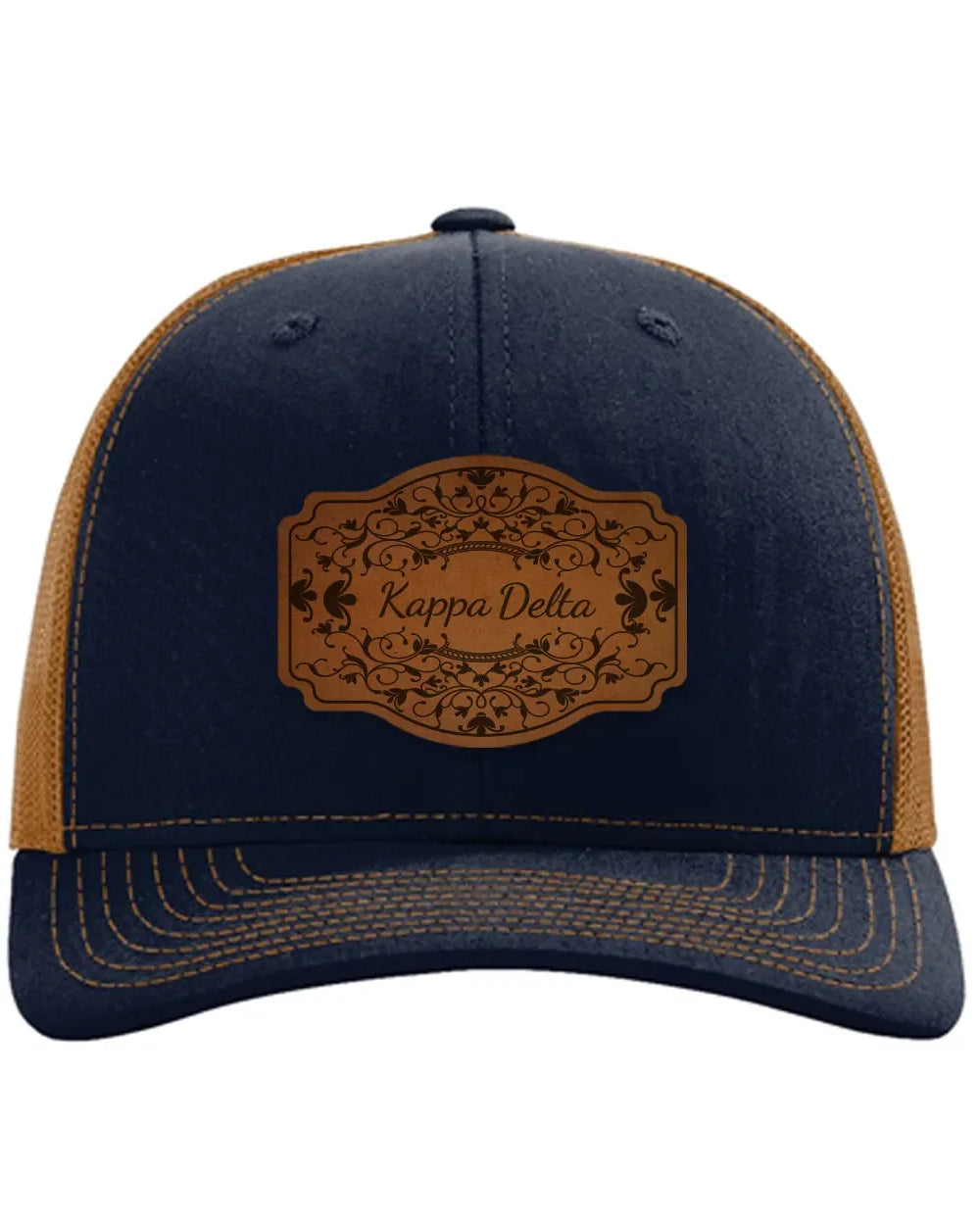 Kappa Delta Richardson 112 Leatherette Patch Trucker Hat - Scroll Navy Caramel Trucker Hat
