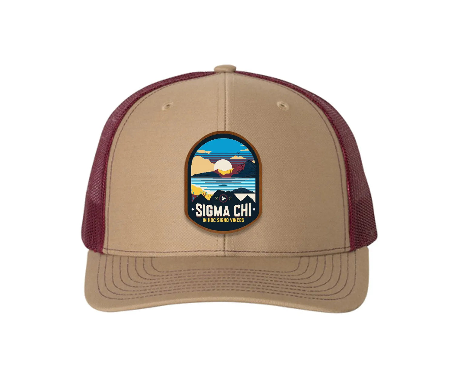 Sigma Chi Richardson 112 UV Print Leatherette Patch Trucker Hat - Ventura Khaki Burgundy Trucker Hat