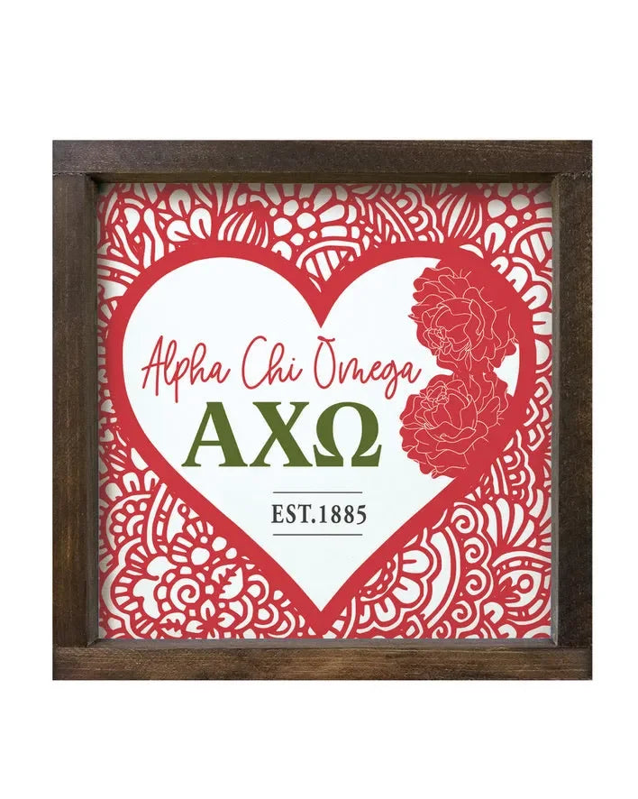 Alpha Chi Omega 12x12 Wood Framed Sign -Mandala Heart Walnut Stain Wall Art & Signs