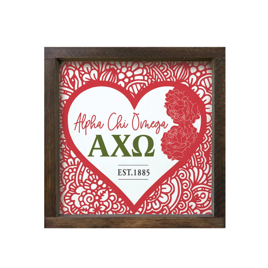 Alpha Chi Omega 12x12 Wood Framed Sign -Mandala Heart Walnut Stain Wall Art & Signs