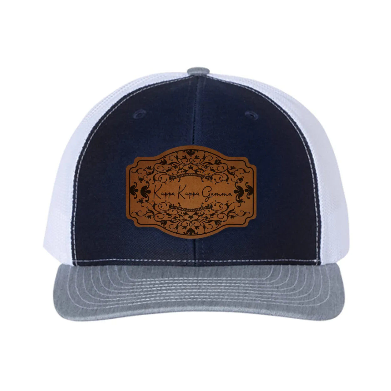Kappa Kappa Gamma Richardson 112 Leatherette Patch Trucker Hat - Scroll Navy White Heather Gray Trucker Hat