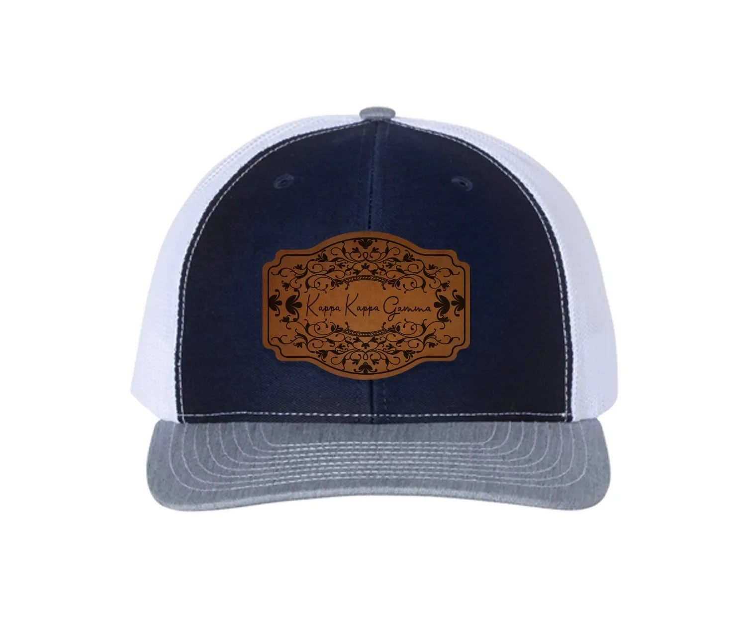 Kappa Kappa Gamma Richardson 112 Leatherette Patch Trucker Hat - Scroll Navy White Heather Gray Trucker Hat