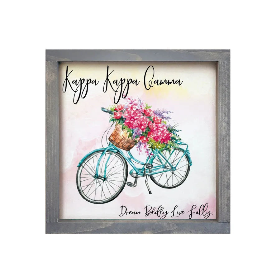 Kappa Kappa Gamma 12x12 Wood Framed Sign - Floral Bike Weathered Gray Wall Art & Signs