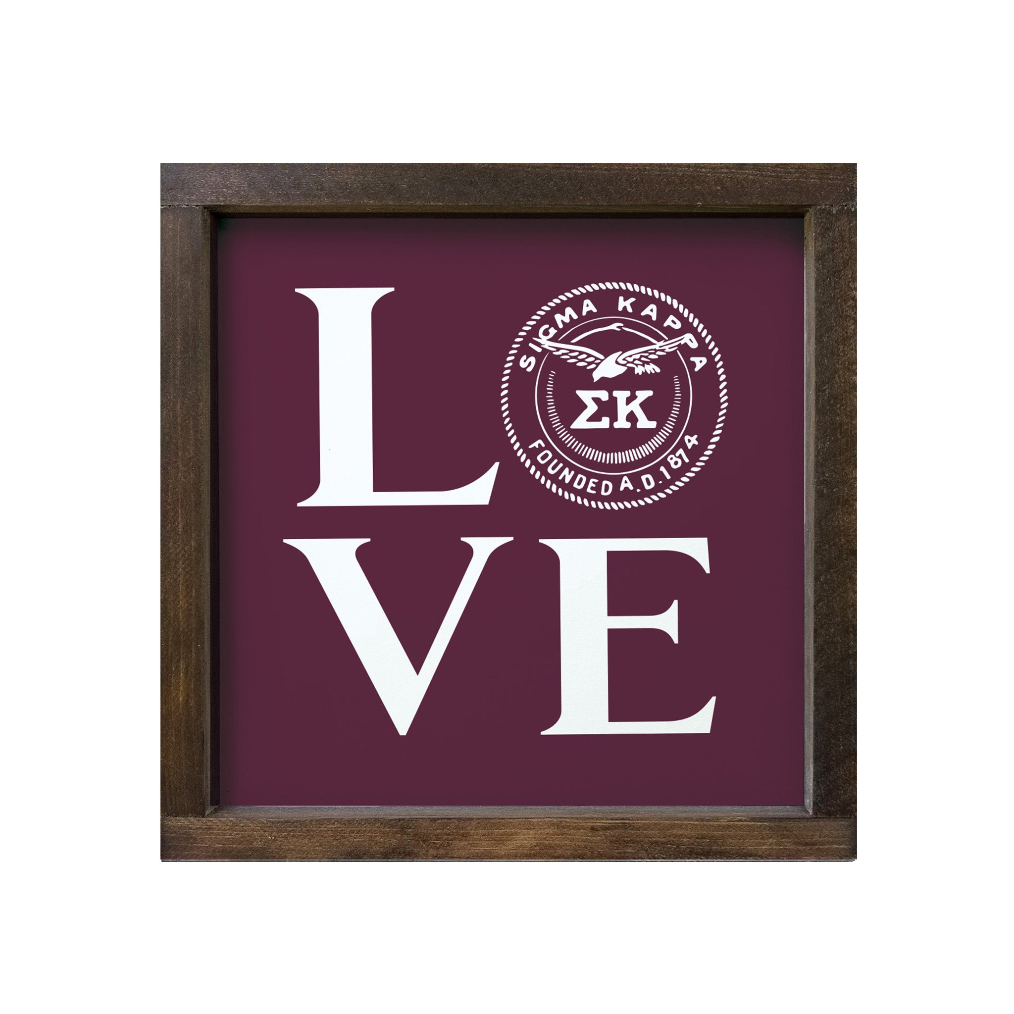 Sigma Kappa 12x12 Wood Framed Sign - "LOVE" Sig Kap Seal