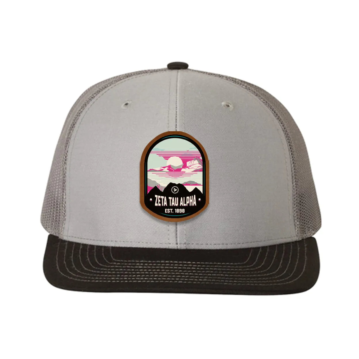 Zeta Tau Alpha Richardson 112 UV Print Leatherette Patch Trucker Hat - Ventura Gray Charcoal Black Trucker Hat