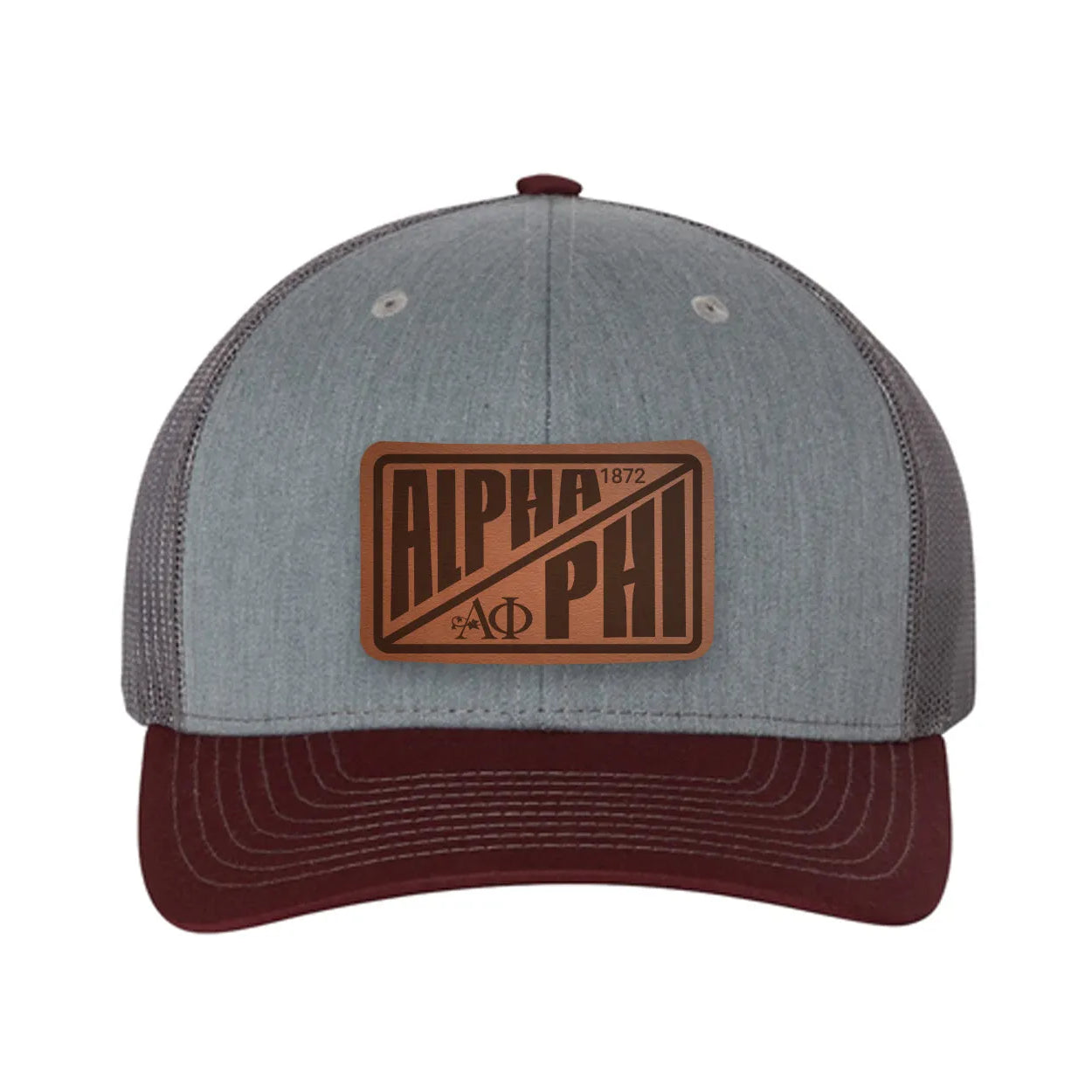 Alpha Phi Richardson 112 Leatherette Patch Trucker Hat - Divide Heather Gray Charcoal Maroon Trucker Hat