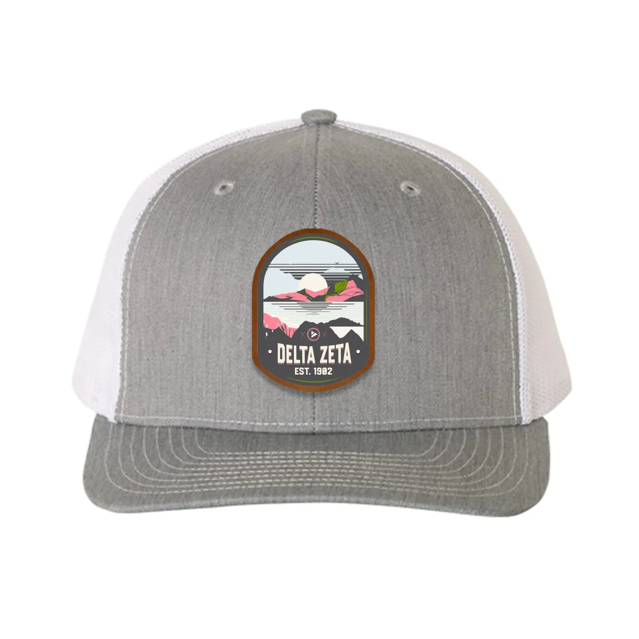 Delta Zeta Richardson 112 UV Print Leatherette Patch Trucker Hat - Ventura Heather Gray White Trucker Hat