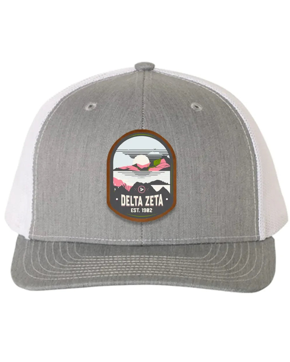 Delta Zeta Richardson 112 UV Print Leatherette Patch Trucker Hat - Ventura Heather Gray White Trucker Hat