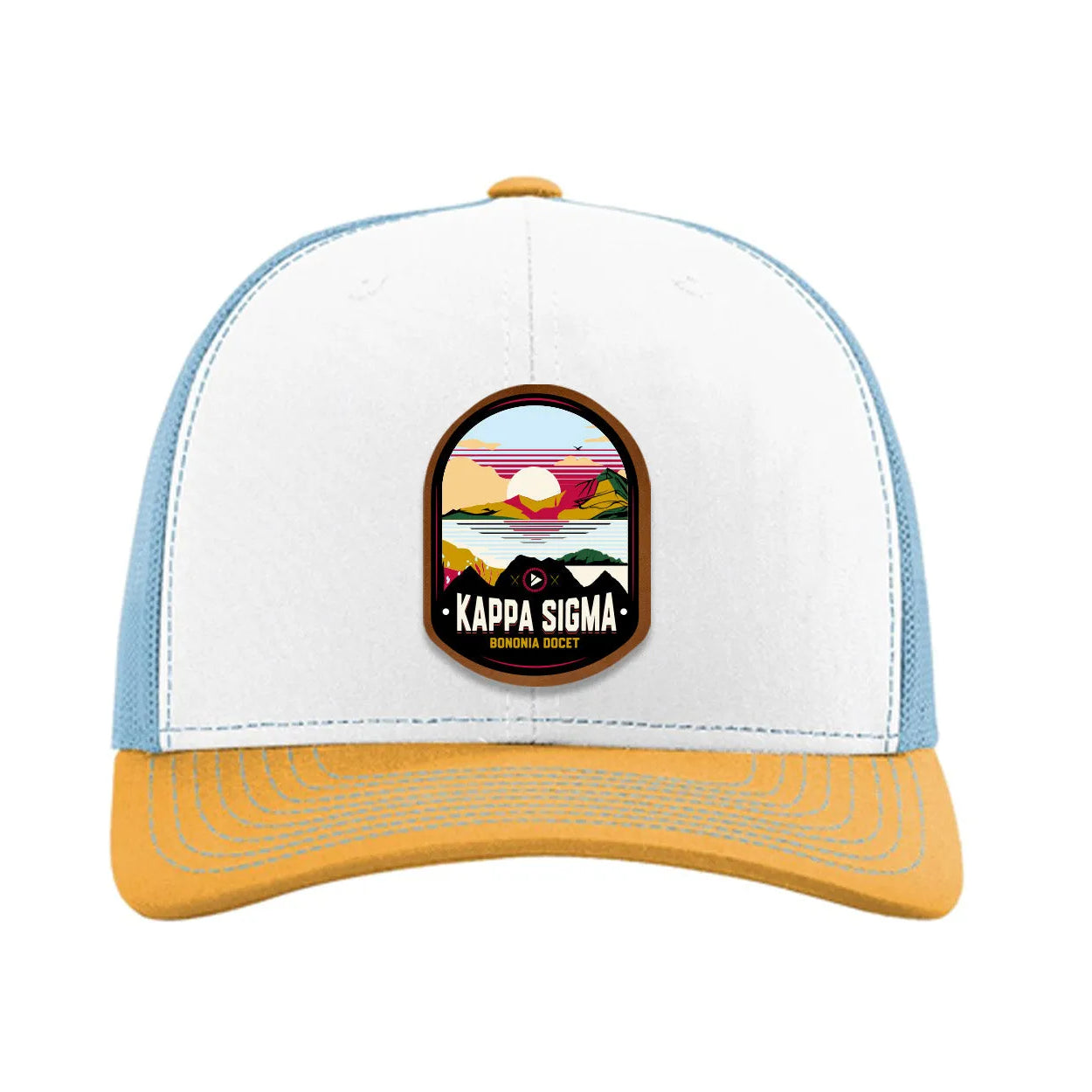 Kappa Sigma Richardson 112 UV Print Leatherette Patch Trucker Hat - Ventura White Blue Yellow Trucker Hat