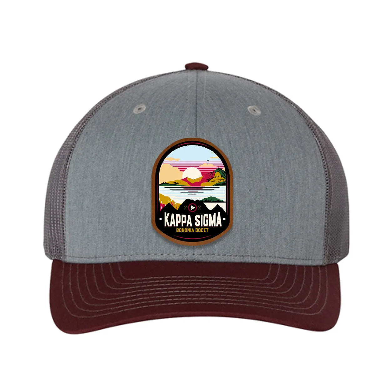 Kappa Sigma Richardson 112 UV Print Leatherette Patch Trucker Hat - Ventura Heather Gray Charcoal Maroon Trucker Hat