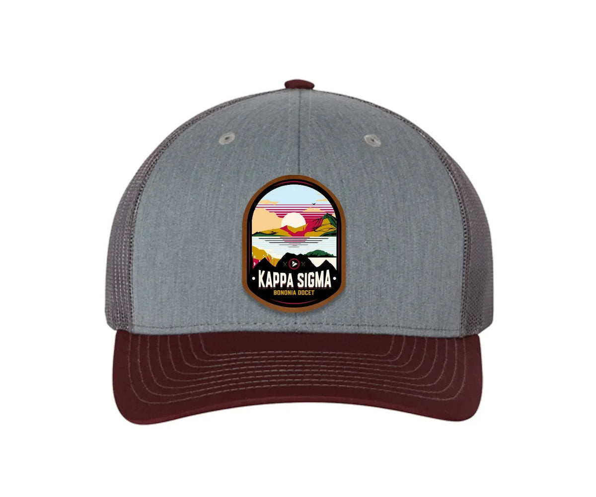 Kappa Sigma Richardson 112 UV Print Leatherette Patch Trucker Hat - Ventura Heather Gray Charcoal Maroon Trucker Hat