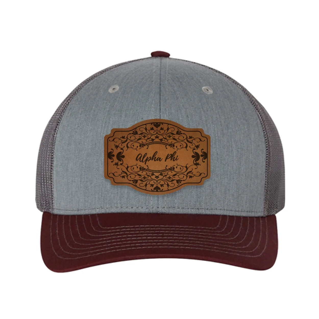 Alpha Phi Richardson 112 Leatherette Patch Trucker Hat - Scroll Heather Gray Charcoal Maroon Trucker Hat