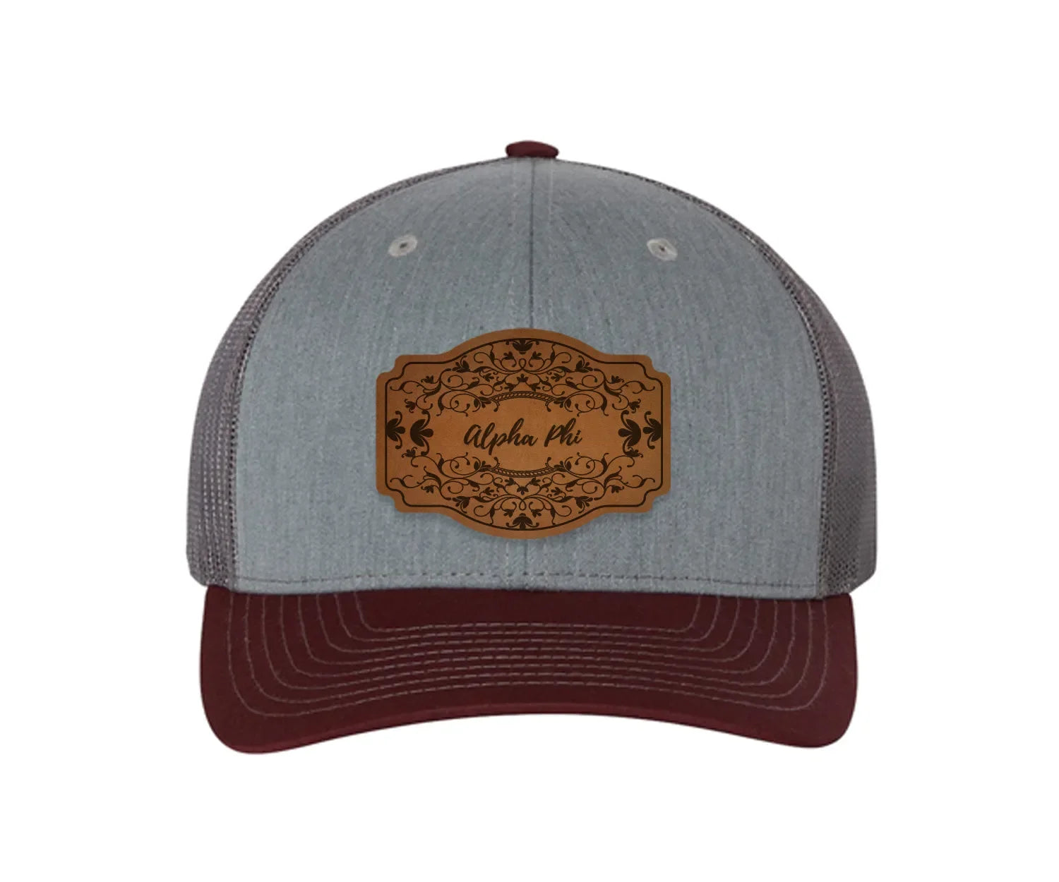 Alpha Phi Richardson 112 Leatherette Patch Trucker Hat - Scroll Heather Gray Charcoal Maroon Trucker Hat