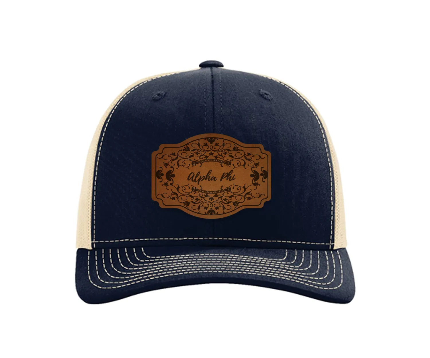 Alpha Phi Richardson 112 Leatherette Patch Trucker Hat - Scroll Navy Khaki Trucker Hat