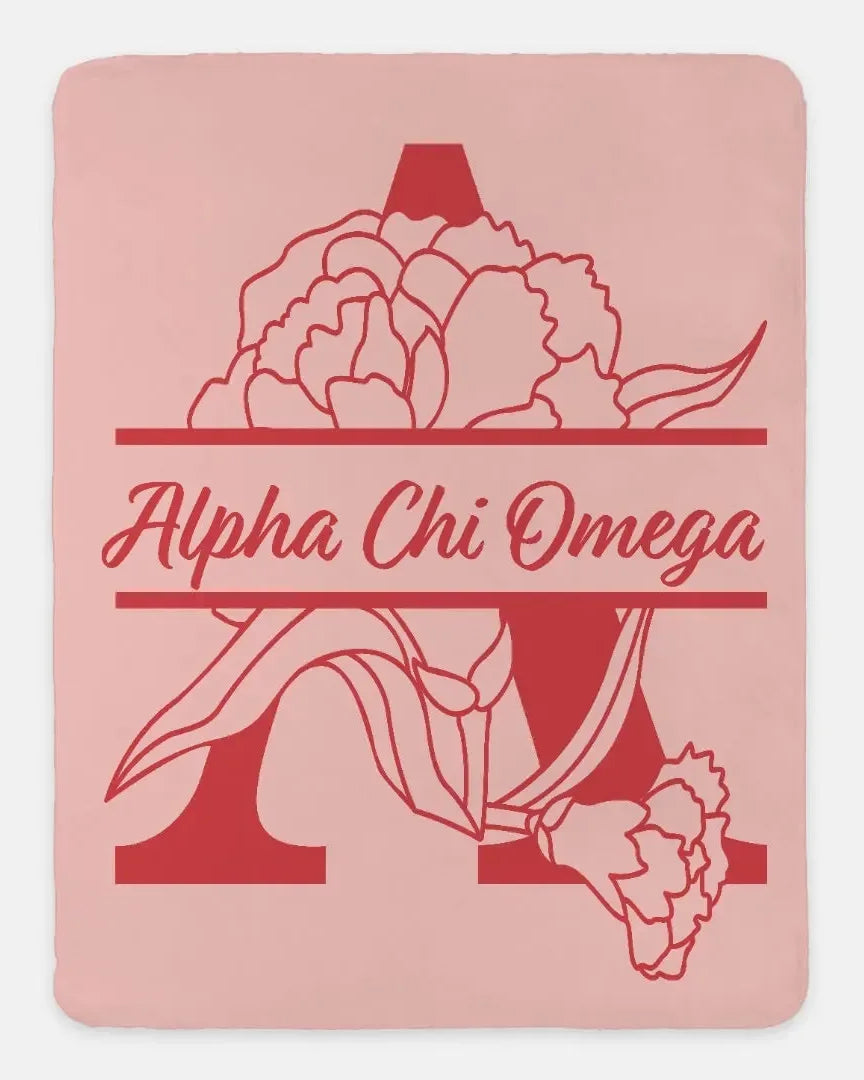 Alpha Chi Omega XL 60x80 Sherpa Throw Blanket - Carnation Monogram Throw Blankets
