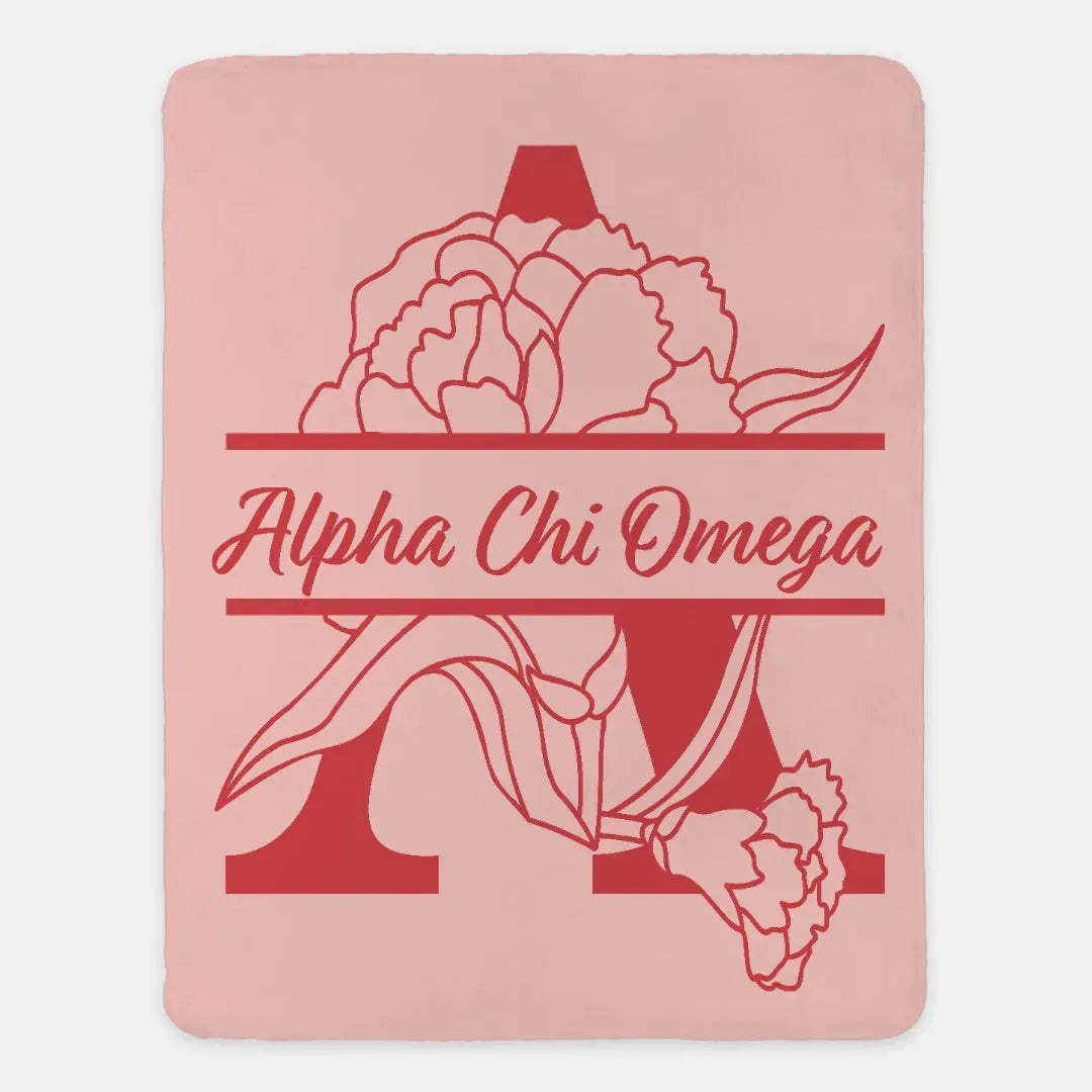 Alpha Chi Omega XL 60x80 Sherpa Throw Blanket - Carnation Monogram Throw Blankets
