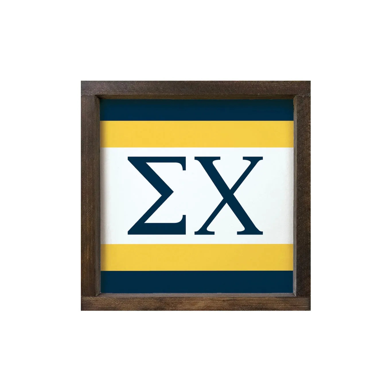 Sigma Chi 12x12 Wood Framed Sign - Stripes Deep Blue Gold Walnut Stain Wall Art & Signs
