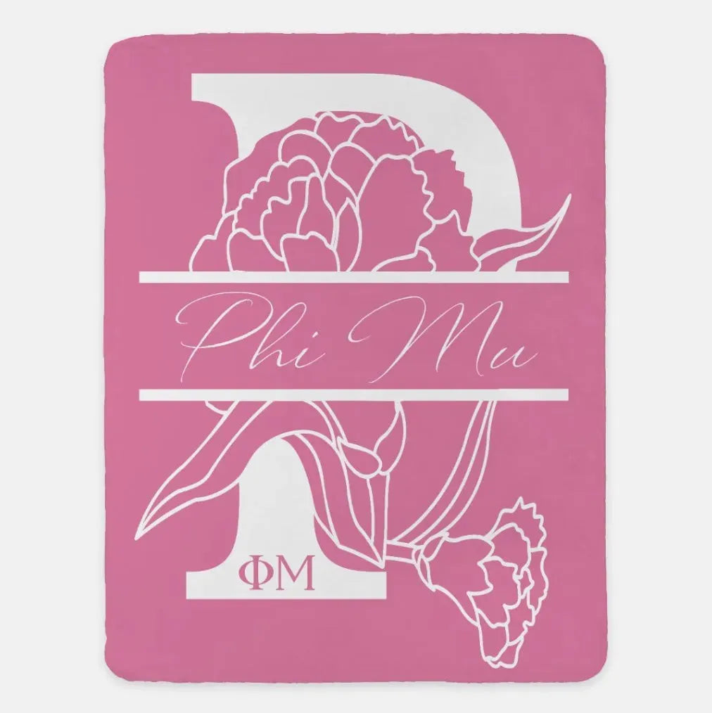 Phi Mu XL 60x80 Sherpa Throw Blanket - Carnation Monogram Magnolia Throw Blankets