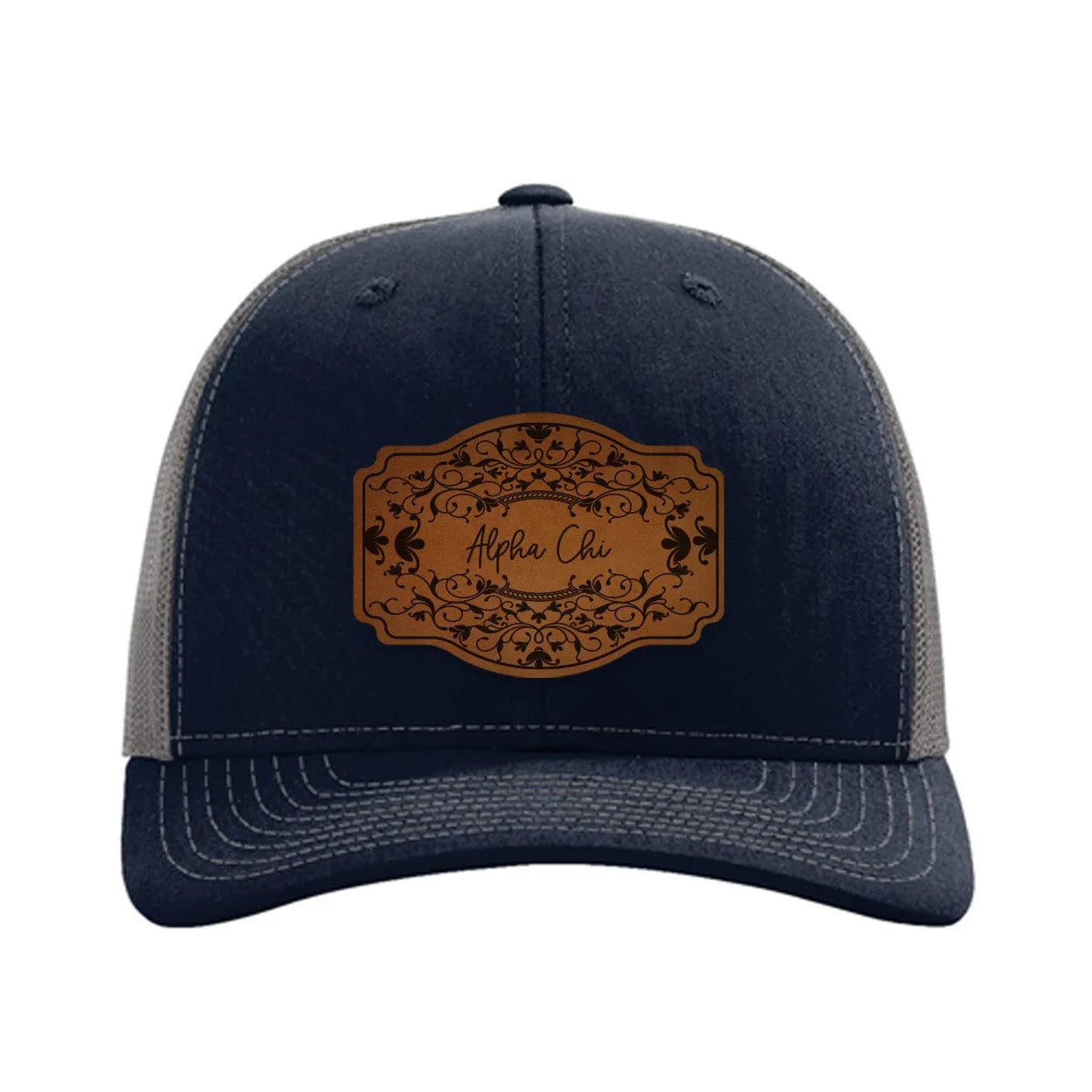 Alpha Chi Omega Richardson 112 Leatherette Patch Trucker Hat - Scroll Navy Charcoal Trucker Hat