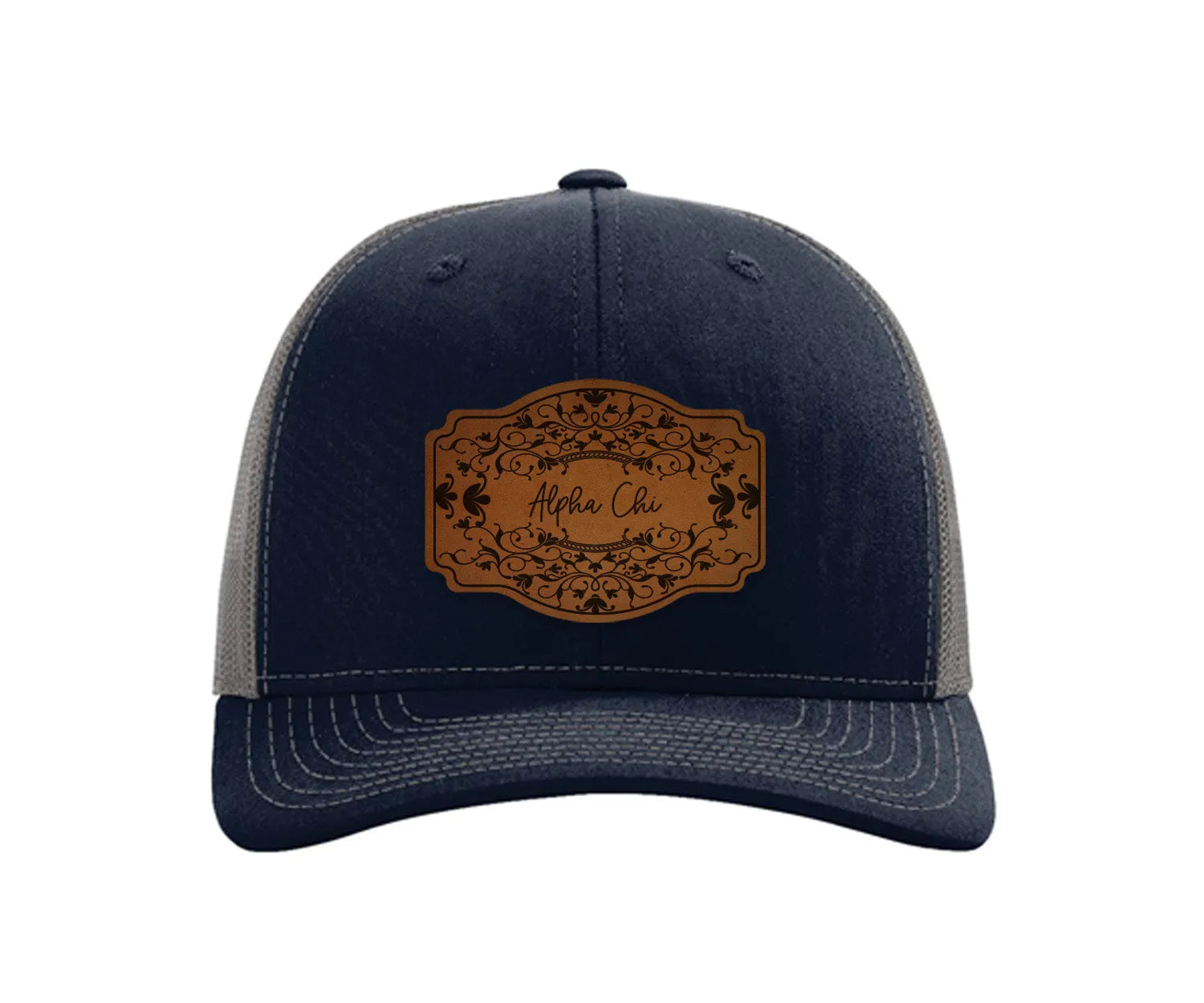 Alpha Chi Omega Richardson 112 Leatherette Patch Trucker Hat - Scroll Navy Charcoal Trucker Hat